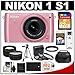 Nikon 1 S1 Digital Camera Body with 11-27.5mm VR Lens (Pink) with 32GB Card + Battery + Case + Filters + Tripod + Telephoto & Wide-Angle Lenses + Accessory Kit