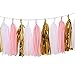 Wisehands Garlands Pack with 15 Tissues Papers Tassels Garland with 3 Mixed Colors (White + Pink+ Gold) and Happy Birthday Bunting Banner, Pink with Gold Letters