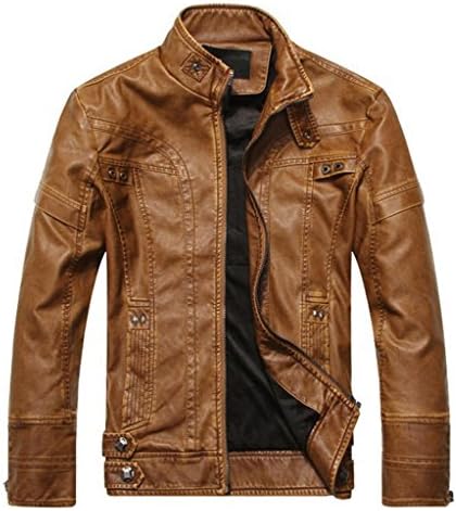 SIQILONG Men's Vintage Stand Collar Pu Leather Jacket Yellowish Brown Medium