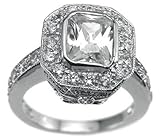 Genuine Cassis (TM) 925 Sterling Silver Rhodium Finish CZ Emerald Cut Antique Style Wedding Ring. Finger Size 7 - (Sizable +/- 2 Sizes - Request free resizing). 100% Satisfaction Guaranteed.
