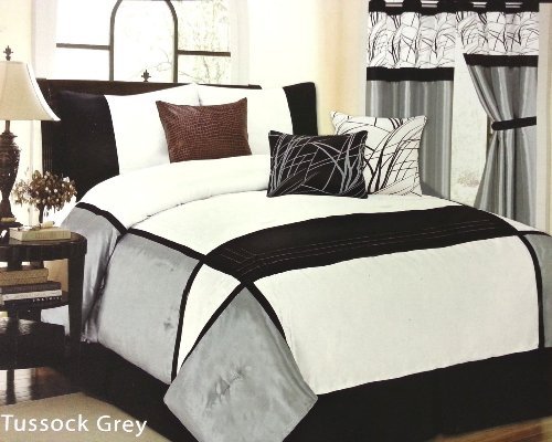 7 Pc Tussock Comforter Set Bed In A Bag King Size White Black Gray