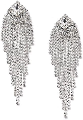 Greatmate Silver Crystal Shape Rhinestone with Multiple Strands Rhinestone Chandelier Dangle Earrings