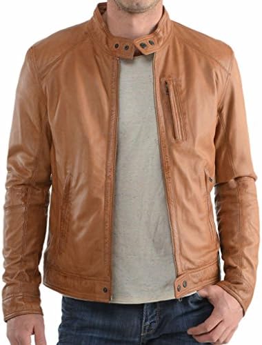 Softskin Leather Men's Genuine Lambskin Bomber Biker Leather Jacket M Tan