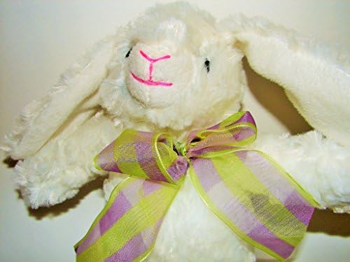 PRETTY WHITE BUNNY RABBIT Stuffed Animal Plush Toy Purple Lime Green RIbbon Bow 13"