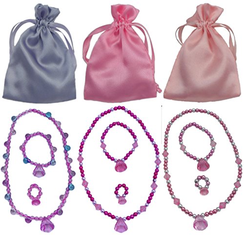 3 Princess Jewelry Dress up Sets (3 Unique Sets Each with a Necklace, Bracelet, & Ring in a Satin Bag)