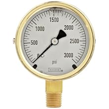 NOSHOK 300 Series Brass Liquid Filled Dial Indicating Pressure Gauge with Bottom Mount, 2-1/2" Dial, +/-1.5% Accuracy, 0-3000 psi Pressure Range
