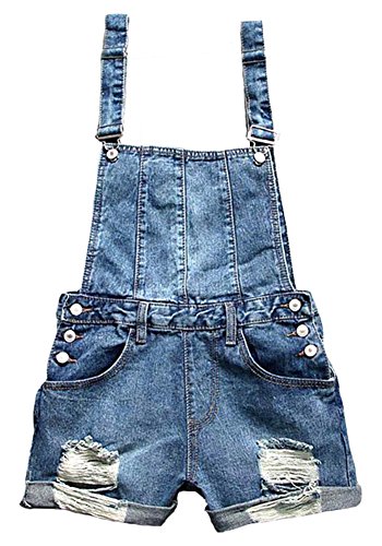 Difyou Women's Fray Pokcet Suspender Denim Overall Shorts Blue