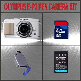 Olympus E-P3 PEN Digital Camera with 14-42mm Lens (White) + Huge Accessories Package Including 4GB SDHC Memory Card + High Capacity PS-BLS1 Replacement Lithium-Ion Battery + Hi-Speed SD Card Reader + Kit