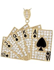 10k Yellow Gold White CZ Enamel Royal Flush Poker 6.1cm X 6.9cm Lucky Charm Pendant