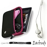 Magenta Trim - Black Slim Protective Soft Neoprene Cover Carrying Case Sleeve with Extra Pocket // Fits Anywhere// For Amazon Kindle Fire Full Color 7" Multi-touch Display, Wi-Fi (Newest Tablet) + Includes a Crystal Clear High Quality HD Noise Filter Ear buds Earphones Headphones ( 3.5mm Jack )