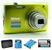 Nikon Coolpix S3100 gelb Digitalkamera (14 Megapixel, 5-fach opt. Zoom, 6.7 cm (2.7 Zoll) Display, HD-Videofunktion) - inkl. Lederetui, 4 GB SDHC Karte Class 6, 2-ter OEM Akku & Schutzfolie