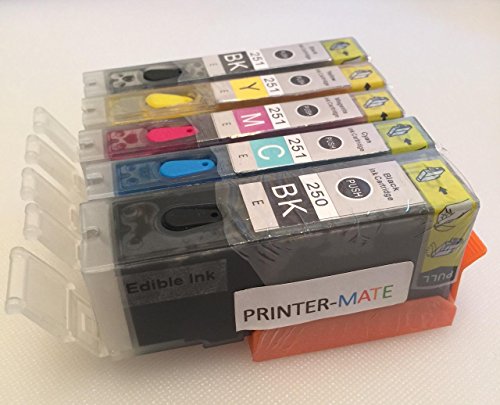 Canon Refillable Edible Ink 5 Pack Canon PGI 250 CLI 251 HIGH YIELD 250XL 251XL MG5420, MG5520, MG6620,MG6420, MX922 CLI-251CMYK, PGI-250BK AUTO RESET CHIPS CAKE PRINTING Printer-Mate