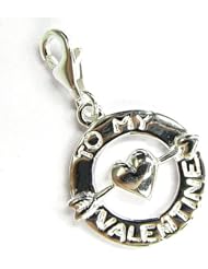 Sterling Silver To My Valentine W/ Heart Dangle Charm Pendant For European Lobster Clip On Charm