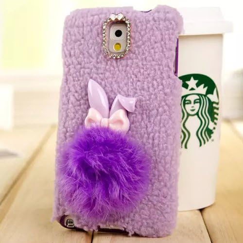 Samsung Galaxy Note 3 Case, SwiftBox Cute 3D Bunny Rabbit Fluffy Plush Fur Soft TPU Case with Soft Tail for Samsung Galaxy Note 3 III + SwiftBox Handmade Owl Phone Strap (Purple)