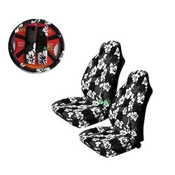 A Set of 5 Pc. Universal-fit Hawaiian Front Bucket Seat Cover, Steering Wheel Cover and Shoulder Harness Pressure Relief Cover - Charcoal Black Hibiscus Floral Print