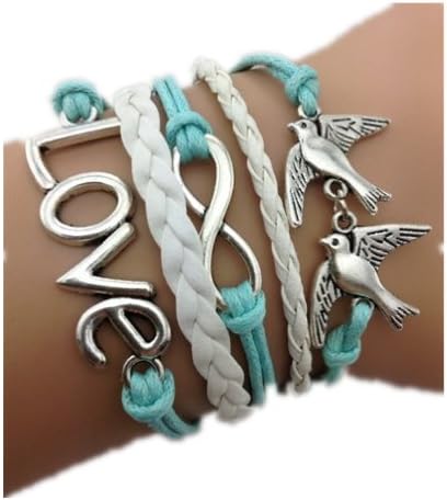 Healthtop Handmade Infinity Love Birds White Blue Braided Leather Rope Wrap Bracelets