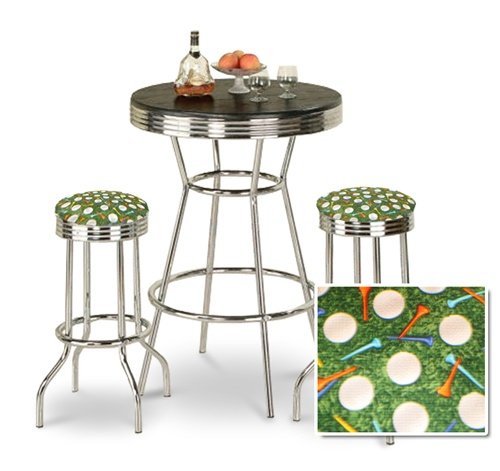 Chrome Bar Table & 2 Chrome Finish Golf Fabric Seat Barstools
