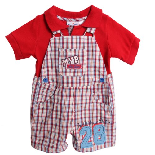 BT Kids Baby Boys' 2 Piece Red Polo Shirt Blue Plaid Overalls Shorts Shortalls