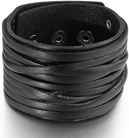 Salon Jewelry Wide Genuine Leather Mens Bangle Cuff Bracelet, Punk Rock, Fits 7.5" to 9", Black