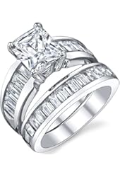Sterling Silver 3 Carat Radiant Cut Cubic Zirconia Engagement Ring Wedding Bridal Set Rings With CZ