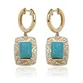 Yellow Gold Plated Sterling Silver Chinese Blue Turquoise Earrings and Diamond Accents