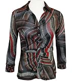 Boho Chic Long Sleeve, Spread Collar, Button Front, Black & Red Womens Fashion Top - All Over Stripes