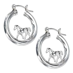 STERLING SILVER ON TUBULAR HOOP HORSE EARRINGS WITH FRENCH LOCKS