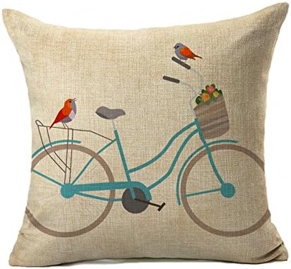 PrimeKey Practical Softly Birds with Bicycle Cotton Linen Square Throw Pillow Cover Cushion Pillowcase Cushion Case for Sofa 18 x 18 Inch