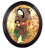 Oriental Oval Lacquered Painting Wall Art Plaque Japanese Samurai