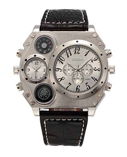 ShoppeWatch Mens Oversized Wrist Watch Dual Time Display Quartz Black Leather Band White Dial OM-215