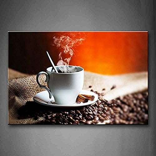 Bling Decor Brown Coffee With Smoke In Whtie Cup With Spoon Wall Art Painting Picture Print On Canvas Food Pictures For Room