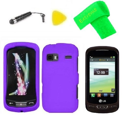 Hard Case Phone Cover + Extreme Band + Stylus Pen + LCD Screen Protector + Yellow Pry Tool for LG Xpression 2 C410 (Purple)