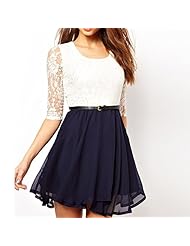 Elbow Length Sleeves Fit-and-Flare Belted Lace Chiffon  Dress