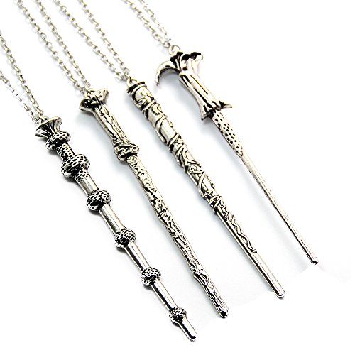 JoJo&Lin 4 pcs/set Vintage Movie Inspired Magic Wand Pendant Necklace Antique Bronze or Silver (Antique Silver Set)