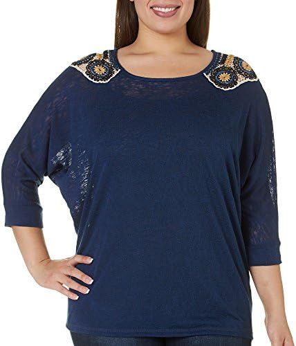 Bobeau Plus Crochet Shoulder Dolman Top 3X Navy blue