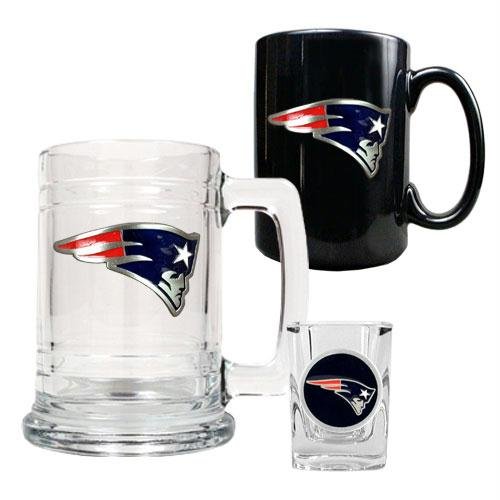 NFL New England Patriots 15-Ounce Tankard, 15-Ounce Ceramic Mug & 2-Ounce Shot Glass Set - Primary Logo