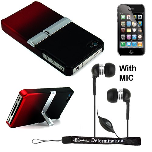 Photo Ultimate Kickstand Stand Alone Protective Case for Apple iPhone 4 (compatible with all models of iPhone 4) + Includes an eBigValue (TM) Determination Hand Strap Key Chain + Includes Anti Glare screen protector + Includes a Crystal Clear High Quality HD Noise Filter Earbuds Earphones Headphones with Mic, 3.5mm Jack For iPod, iPhone and iPad