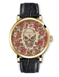 SPRAWL Aanalog Fashion Series Gold Ladies Watches of Genuine Black Leather Strap,Unique Wrist Watch for Women Girls Designed with Skull surrounded by red roses