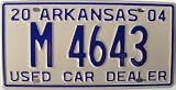 Arkansas Used Car Dealer License Plate with Blue Numbers