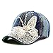 The Hat Depot 200 Bling Jewel Rhinestone Rose Patch Washed Denim Baseball Cap