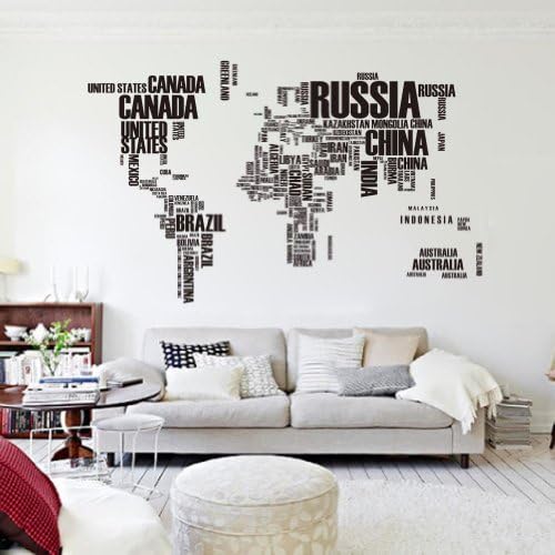 FunDecor World Map Shape in Letters Wall Vinly 116*190cm Removable Decal Decor Sticker