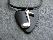 Guitar Pick Necklace with Music Note Charm on Black Fender Pick Unique Design By Atlantic Seaboard Trading Co.