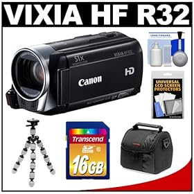 Canon Vixia HF R32 Flash Memory 1080p HD Digital Video Camcorder with 16GB Card + Flex Tripod + Case + Accessory Kit