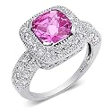 Celebrity Style Cushion Cut Checker Board Created Pink Sapphire & White CZ Size 9 Gemstone Ring in Sterling Silver