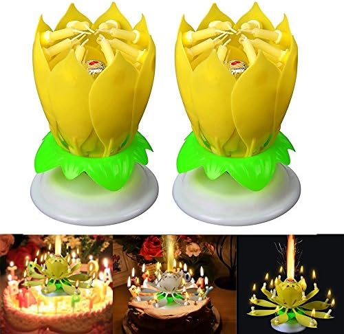 Fondlife® Amazing Happy Birthday Candle Romantic Musical Lotus Rotating Two Layers with 14 Small Candles Lotus , White, Yellow, Pink, Color (2pcs) (yellow)