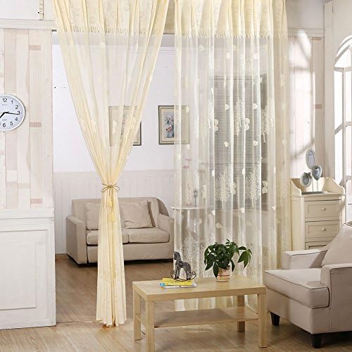 Curtains Decorative, Leaf Tulle Voile Room Door Window Curtain Panel Sheers Scarfs Valances Drape, Curtains for Living Room (Beige)