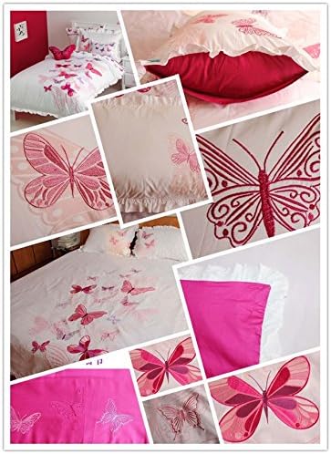 YOYOMALL Hand-Embroidery Butterfly Pink Bedding Set,Pink Butterfly Cover Set for Teen Girls Twin Queen Size. (Twin/Full)