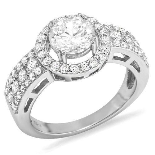 2.50 CT Sterling Silver Ladies White Round CZ Cubic Zirconia Halo Engagement Ring 7mm center (Available Size 6 ,7, 8)