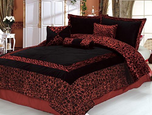 7 Pieces Faux Fur Safari Red &amp; Black Zebra Animal Queen Comforter Set On Sale