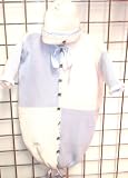 Hand Knitted Crochet Finished Blue White Blocked Chenille White Baby Bunting Hat Set